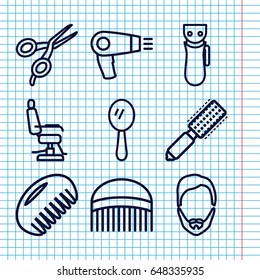 Set of 9 barber outline icons such as comb, hair dryer, electric razor, hair brush, barber scissors, barber chair, man hairstyle