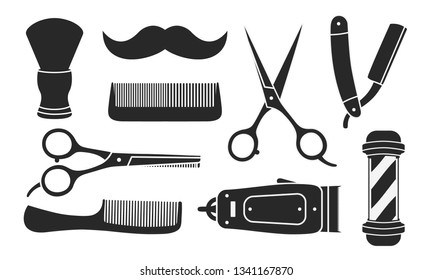 Set of 9 barbershop icons isolated on white background. 9 Barbershop and haircuts salon design elements. Vector illustration