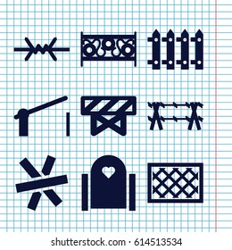 Set of 9 barrier filled icons such as barrier, fence, wire fence