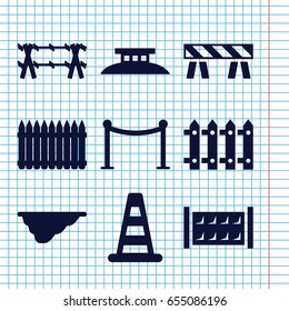 Set of 9 barrier filled icons such as fence, cone barrier