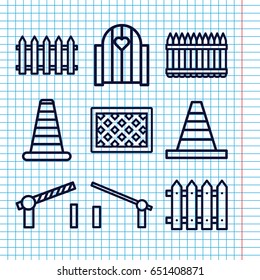 Set of 9 barrier outline icons such as barrier, fence, cone