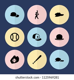 Set of 9 baseball filled icons such as baseball cap