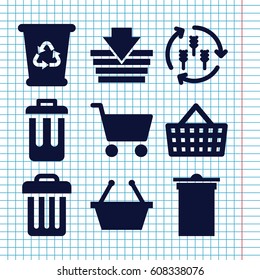 Set of 9 basket filled icons such as harvest, trash bin, recycle bin, bin, shopping cart, shopping bag