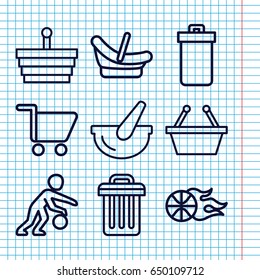Set of 9 basket outline icons such as trash bin, baby basket, bucket, shopping cart, basketball, basketball player