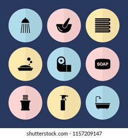 Set of 9 bath filled icons such as towels, spray bottle, soap, soap, paper towel, bucket