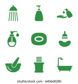 set of 9 bath filled icons such as shower, soap, liquid soap, towels