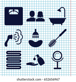 Set of 9 bathroom filled icons such as man and woman, shower, mirror, towels, toilet brush, liquid soap
