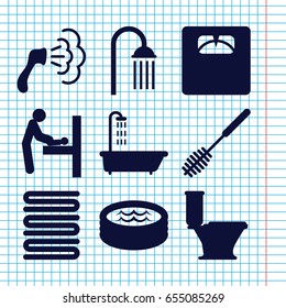 Set of 9 bathroom filled icons such as baby changing room, shower, towels, toilet, toilet brush, floor scales