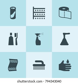Set of 9 bathroom filled icons such as shower, hand cleaning, spray bottle, plunger, clean brush, cleaning powder, toilet paper, towel