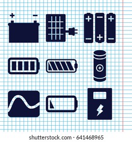 Set of 9 battery filled icons such as battery, solar panel
