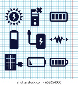 Set of 9 battery filled icons such as baterry, ful battery, solar panel, electricity