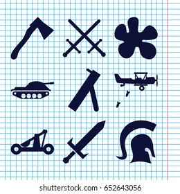 Set of 9 battle filled icons such as axe, knight, sword, catapult, cannon, tank, military plane