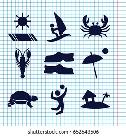 Set of 9 beach filled icons such as crab, turtle, slippers, home on island, volleyball player, umbrella, carpet in the sun