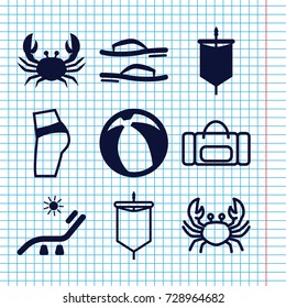 Set of 9 beach filled and outline icons such as crab, sunbed, flip flops, beach ball, sail, booty fitness