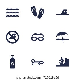 Set Of 9 Beach Icons Set.Collection Of No Swimming Sign, Mask, Diver And Other Elements.