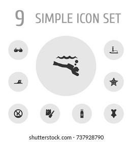 Set Of 9 Beach Icons Set.Collection Of Game, Swimwear, Sunscreen And Other Elements.