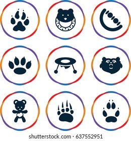 set of 9 bear filled icons such as animal paw, baby toy