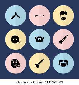 Set of 9 beard filled icons such as bllade razor, razor, shaving brush, man hairstyle