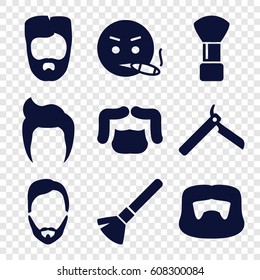 set of 9 beard filled icons such as man hairstyle, bllade razor, shaving brush
