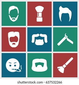 set of 9 beard filled icons such as man hairstyle, bllade razor, shaving brush