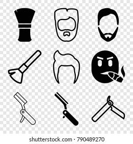 Set of 9 beard filled and outline icons such as man hairstyle, bllade razor, shaving brush