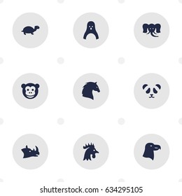 Set Of 9 Beast Icons Set.Collection Of Trunked Animal, Rooster, Bear And Other Elements.