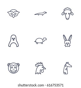 Set Of 9 Beast Outline Icons Set.Collection Of Penguin, Lizard, Cock And Other Elements.