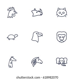 Set Of 9 Beast Outline Icons Set.Collection Of Elephant, Giraffe, Cock And Other Elements.