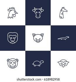 Set Of 9 Beast Outline Icons Set.Collection Of Cock, Owl, Pig And Other Elements.