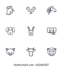 Set Of 9 Beast Outline Icons Set.Collection Of Cock, Pig, Feline Bear And Other Elements.