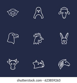 Set Of 9 Beast Outline Icons Set.Collection Of Rhino, Penguin, Mammal And Other Elements.