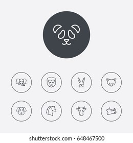 Set Of 9 Beast Outline Icons Set.Collection Of Lion, Rhino, Cow And Other Elements.