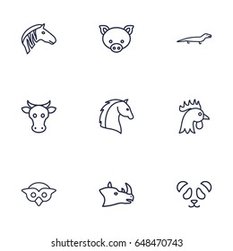 Set Of 9 Beast Outline Icons Set.Collection Of Rhino, Owl, Horse And Other Elements.