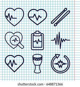 Set of 9 beat outline icons such as heartbeat, heartbeat clipboard, heartbeat search, drum stick, music equalizer