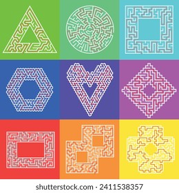 Set of 9 beautiful different mazes with empty core. Find the way in or out to the center. Easy and medium difficulty labirinths isolated on rainbow color backgrounds. Collection of nine vector riddles