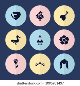 Set of 9 beautiful filled icons such as eyelashes, rose, flower, broken heart, goose, casino girl, hairstyle, heart key