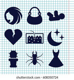 Set of 9 beautiful filled icons such as beetle, baby, woman hairstyle, bag, dress, hair, cactus, moon and stars