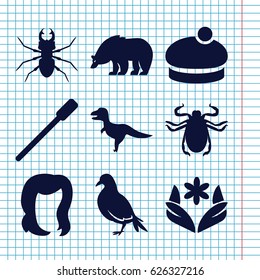 Set of 9 beautiful filled icons such as dove, bear, beetle, nailfile, hairstyle, flower, woman hat