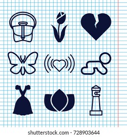Set of 9 beautiful filled and outline icons such as lotus, dress, flower, butterfly, lighthouse, heart, bag, broken heart