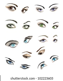 Set of 9 beautiful glamour woman eyes and eyebrows.