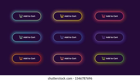 Set of 9 beautiful neon buttons. Colorful and shiny trendy neon buttons. Modern glowing buttons to use on websites, mobile apps and video games. Stroke and flat buttons isolated on dark background.