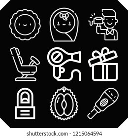 Set of 9 beautiful outline icons such as durian, regeneration, gynecology, pregnancy, flower, baby, listener, gift