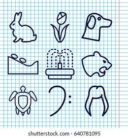 Set of 9 beautiful outline icons such as rabbit, panther, woman hairstyle, spa stone, fountain, bass clef, turtle  illsutration, flower