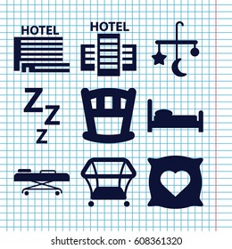 Set of 9 bed filled icons such as bed mobile, pillow with heart on it, playpen, hospital stretch, hotel