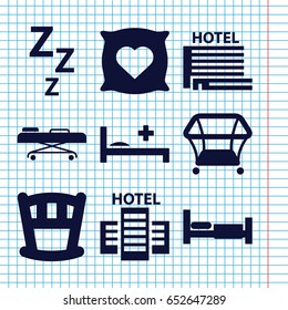 Set of 9 bed filled icons such as bed, pillow with heart on it, playpen, hospital stretch, hotel