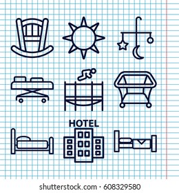 Set of 9 bed outline icons such as bed, playpen, hospital stretch, trampoline