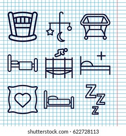 Set of 9 bed outline icons such as bed mobile, pillow with heart on it, playpen, trampoline