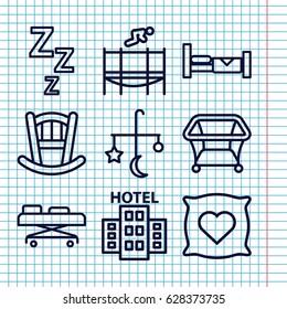 Set of 9 bed outline icons such as bed, pillow with heart on it, playpen, hospital stretch, trampoline, hotel