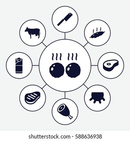 Set of 9 beef filled icons such as udder, beef, cow, burrito, meat