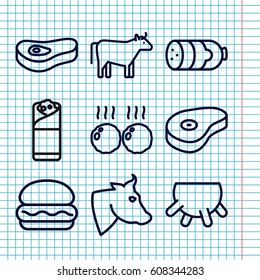 Set of 9 beef outline icons such as cow, udder, sausage, burrito, beef, meat